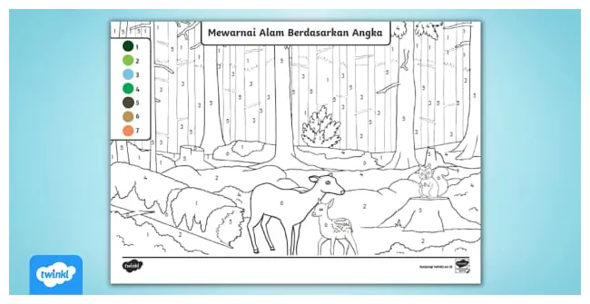 Gambar mewarnai pemandangan alam hutan sesuai angka twinkl