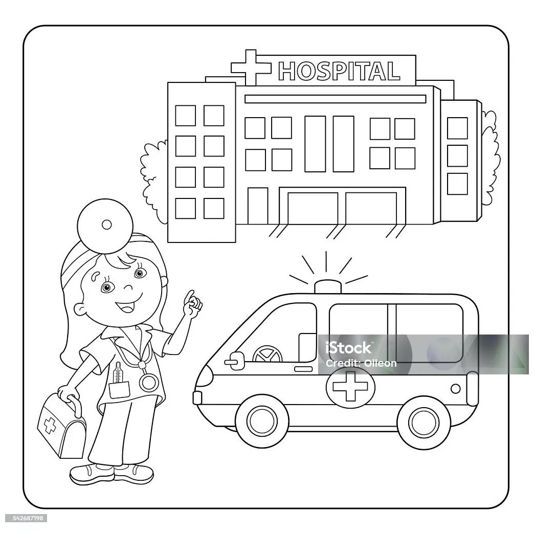 Mewarnai kerangka halaman dokter mobil ambulans rumah sakit ilustrasi
