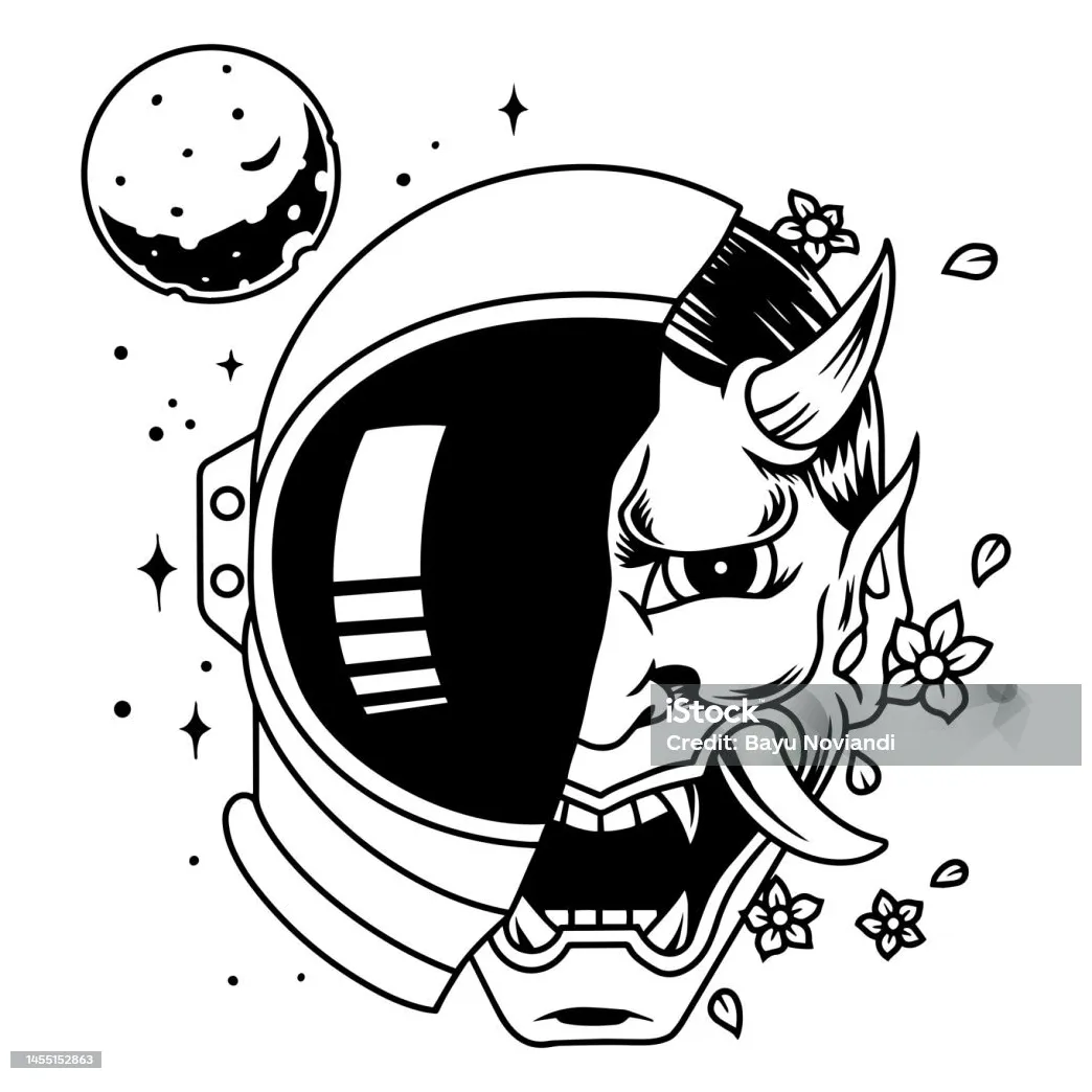 Vektor Ilustrasi Buku Mewarnai Astronaut Helm Topeng Oni Ilustrasi Stok