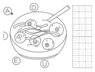 Mewarnai menulis menjodohkan aiueo besar kecil mangkuk dan bakso