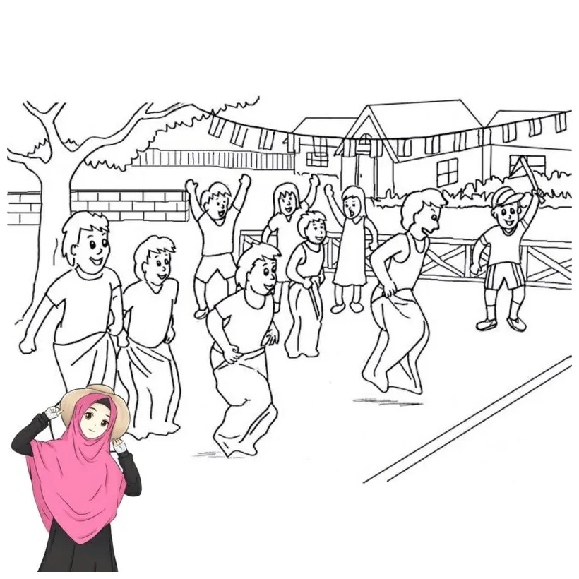 Jual lukisan gambar mewarnai hut ri lomba balap karung a4 & desain