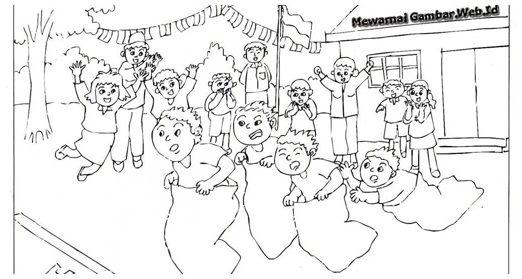 Mewarnai gambar 17 agustus di 2025 gambar, balap karung, buku mewarnai