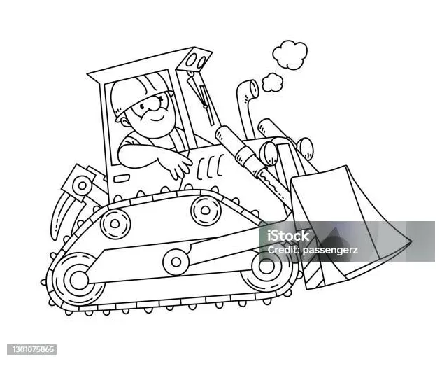 Pekerja konstruksi di buldoser buku mewarnai ilustrasi stok unduh