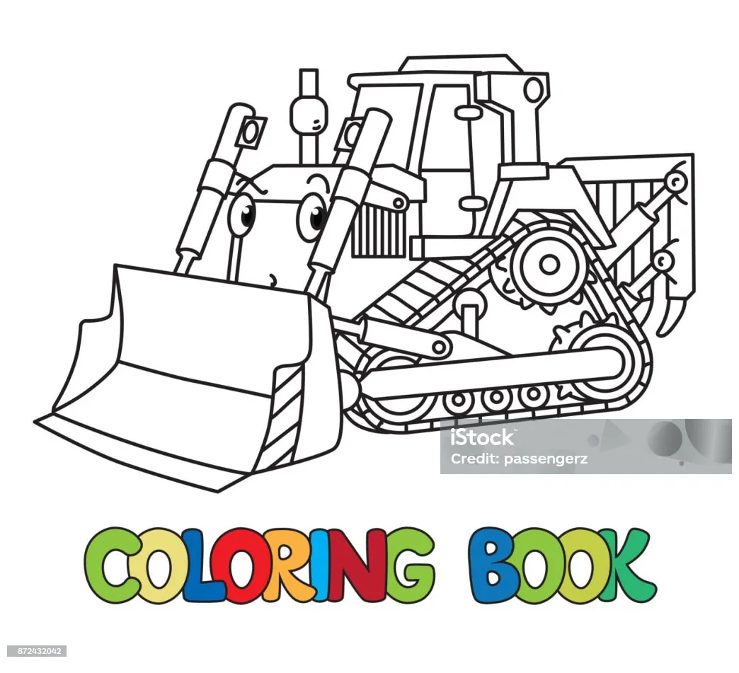 Lucu buldoser kecil dengan mata buku mewarnai ilustrasi stok unduh