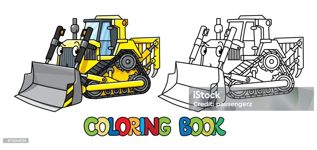 Lucu buldoser kecil dengan mata buku mewarnai ilustrasi stok unduh