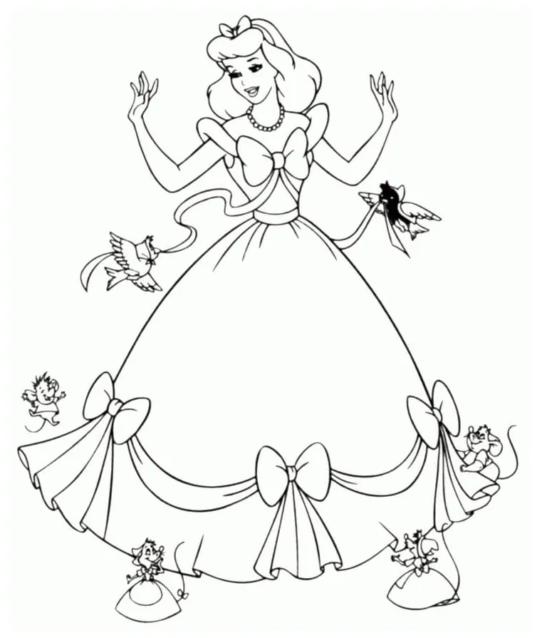 Gambar mewarnai Cinderella dan hewan siap cetak