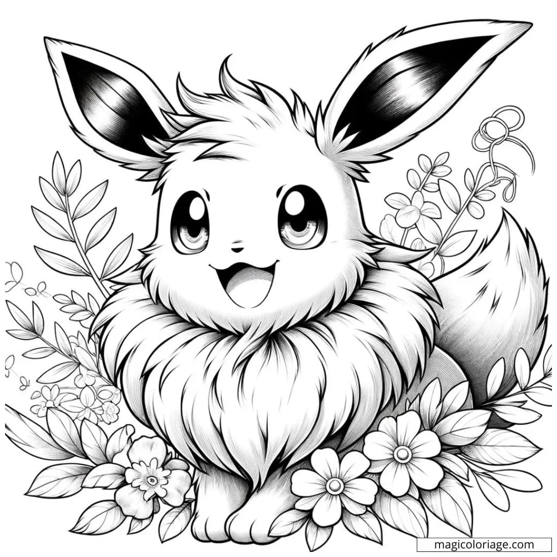 Coloring Eevee with flowers around him - Free drawing