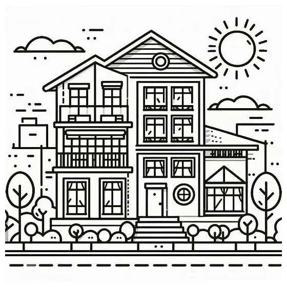 Gambar mewarnai Gedung dan matahari siap cetak