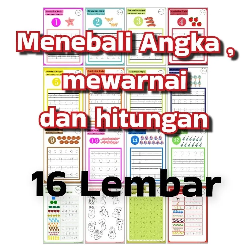 Jual worksheet / printable menebali angka, mewarnai dan hitungan