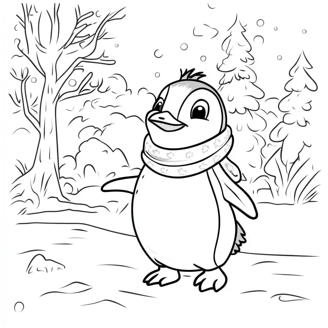 Gambar mewarnai Penguin di hutan siap cetak