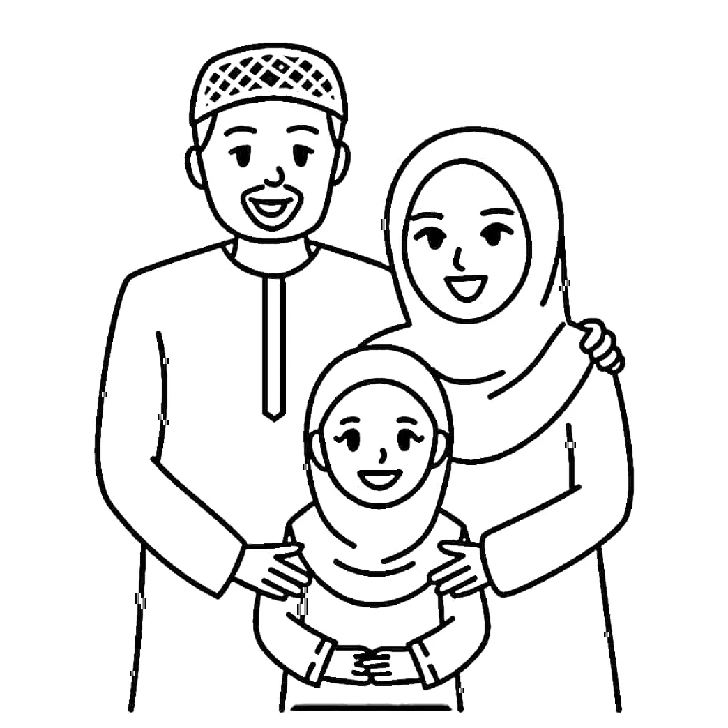 Gambar mewarnai Keluarga muslim yang lucu siap cetak