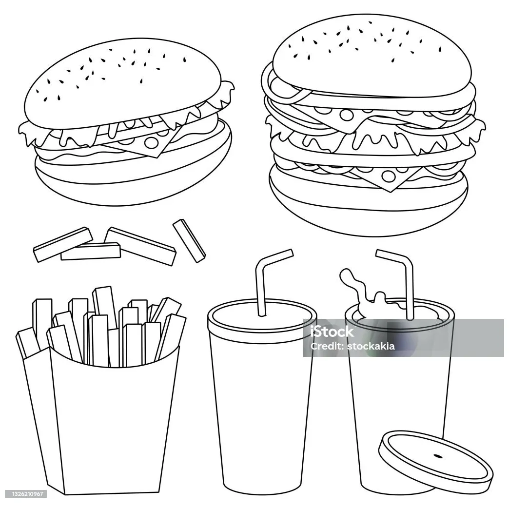 Burger kentang goreng dan minuman halaman mewarnai hitam dan putih