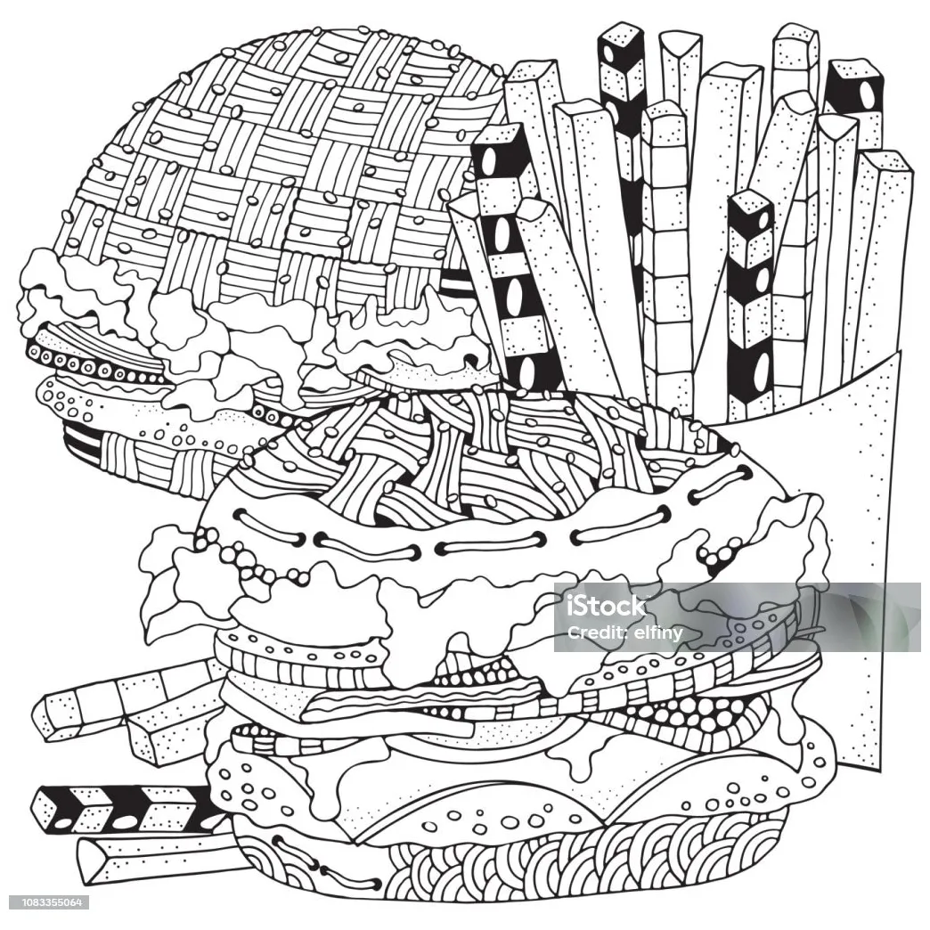 Gambar mewarnai Makanan cepat saji burger kentang goreng mewarnai halaman buku pola siap cetak