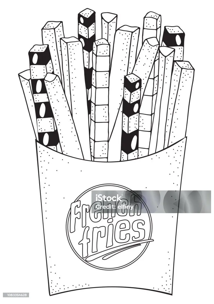 Gambar mewarnai Makanan cepat saji kentang goreng dalam gaya doodle mewarnai halaman siap cetak