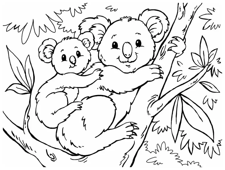 Gambar mewarnai Induk koala dengan bayi koala di pohon siap cetak
