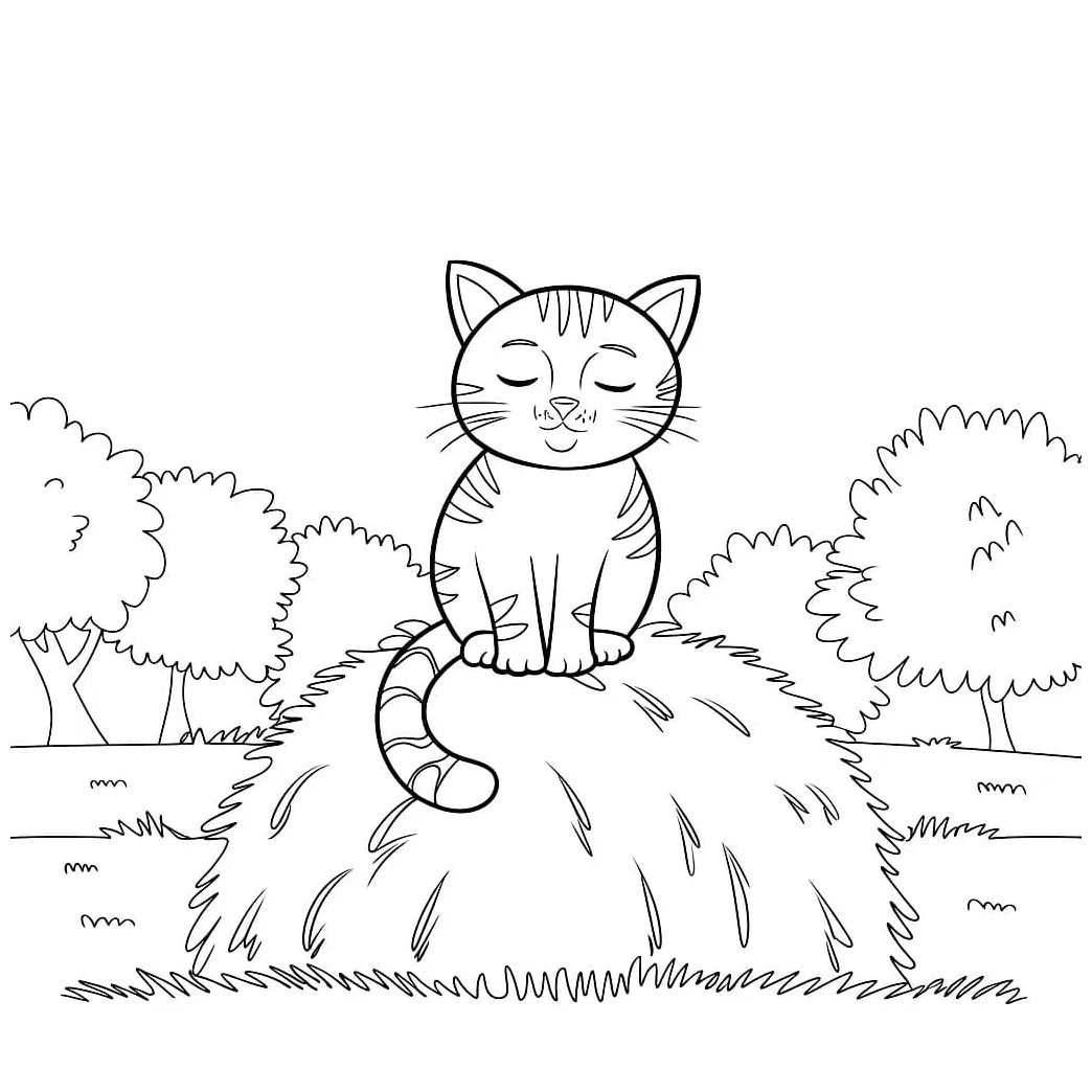 Kucing di tumpukan rumput
