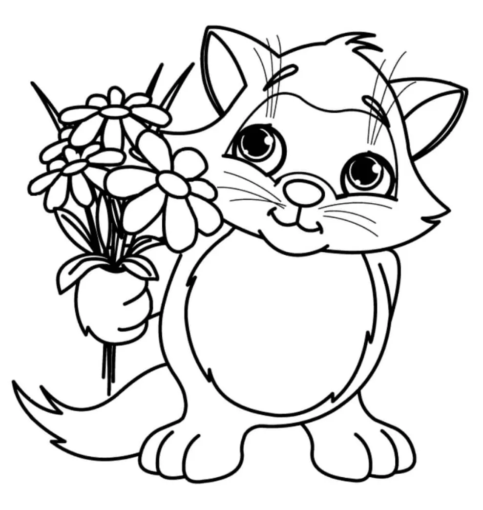 Kucing lucu memegang bunga
