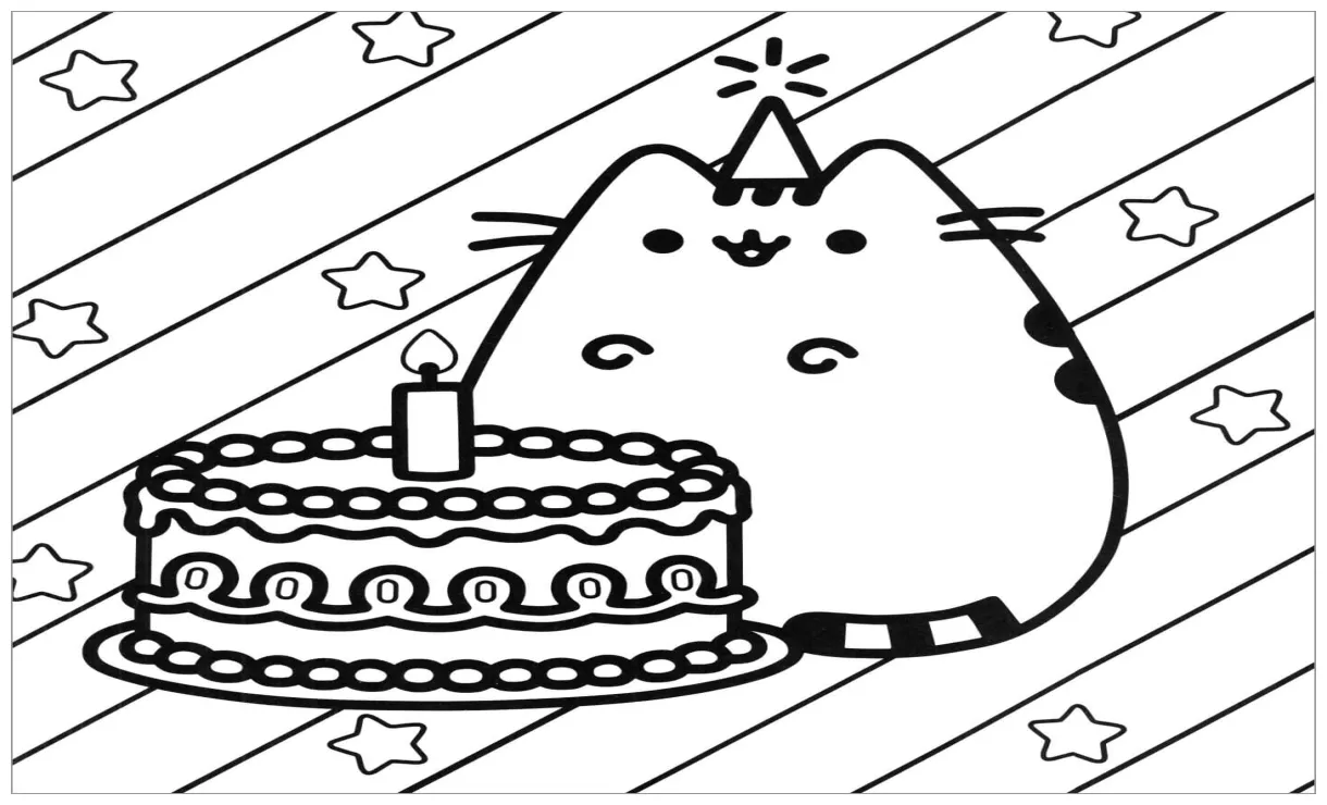 Pusheen dengan kue ulang tahun