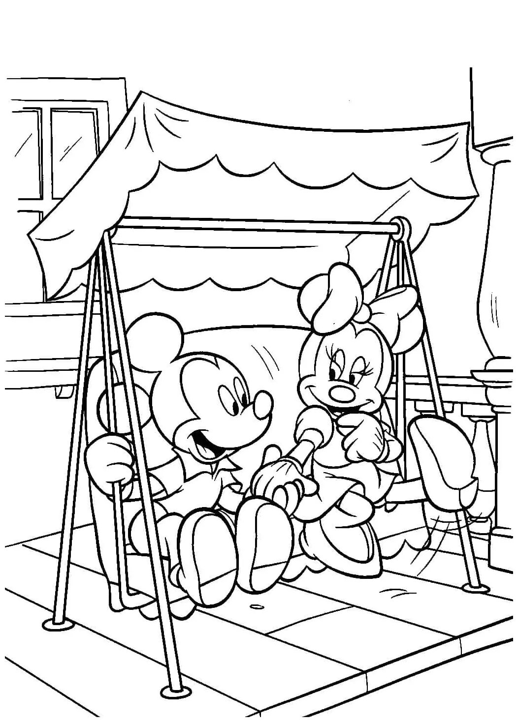 Gambar mewarnai Mickey dan minnie mouse bermain di ayunan siap cetak