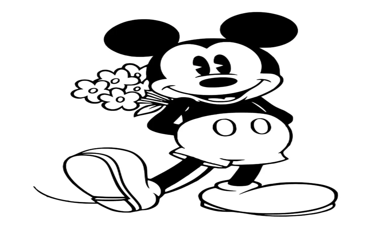Mickey dengan senang hati memegang buket bunga