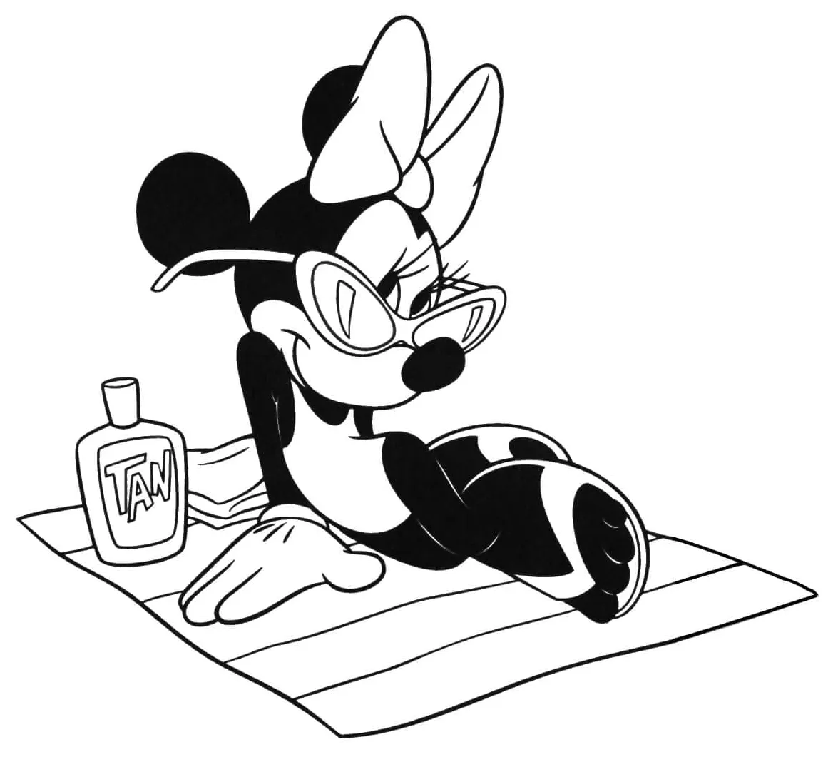 Gambar mewarnai Minnie mouse di pantai siap cetak
