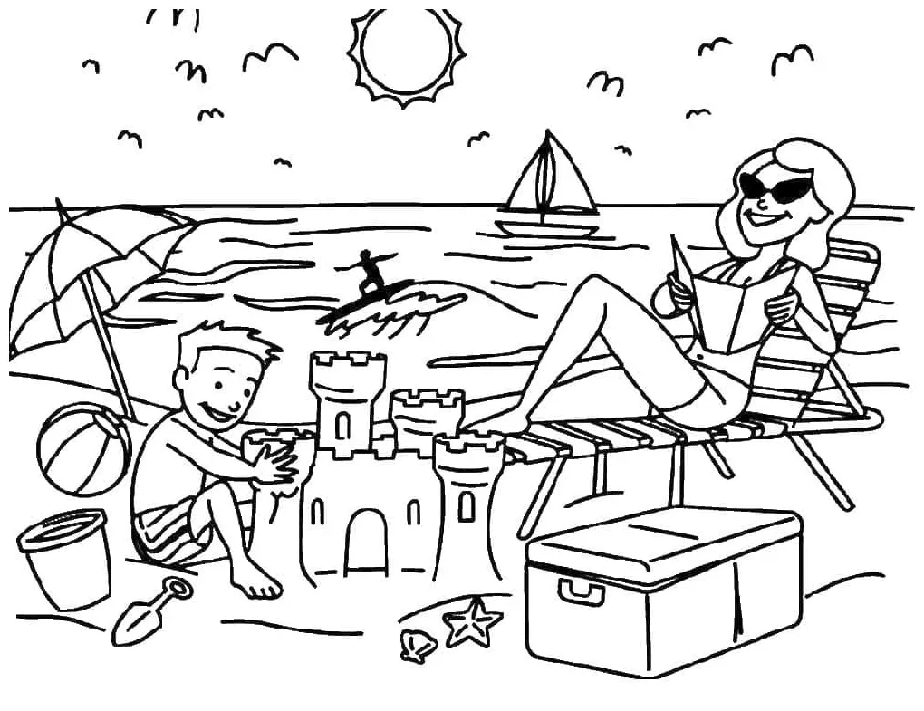 Gambar mewarnai Bersantai di pantai siap cetak