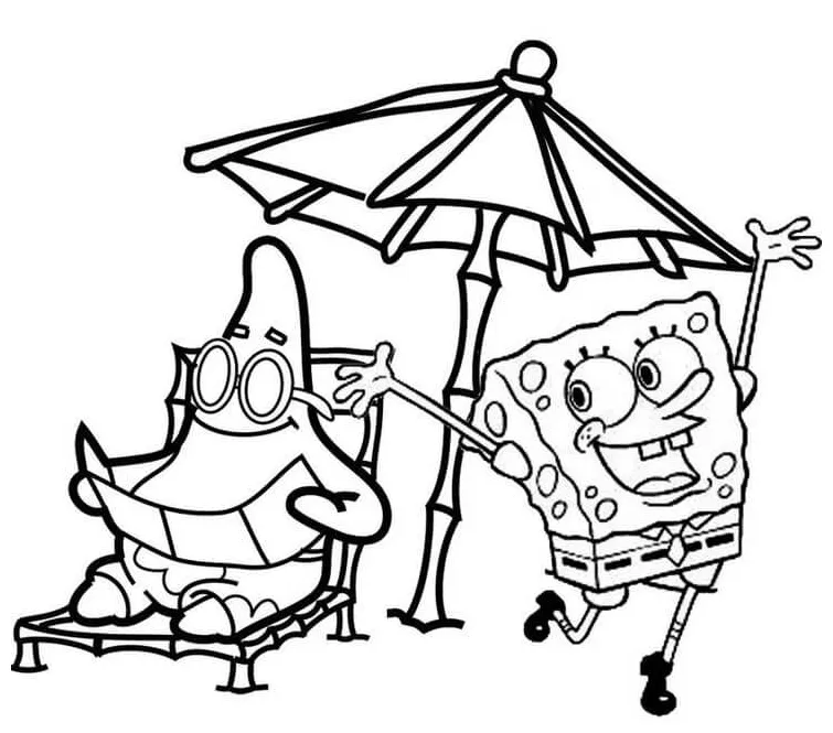 Gambar mewarnai Patrick star dan spongebob di pantai siap cetak