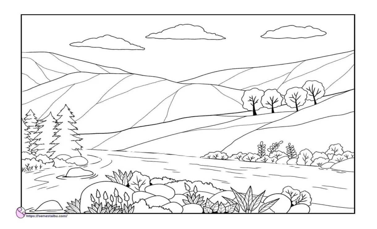 Gambar Mewarnai Anak TK - SD: Pemandangan (Free Download)