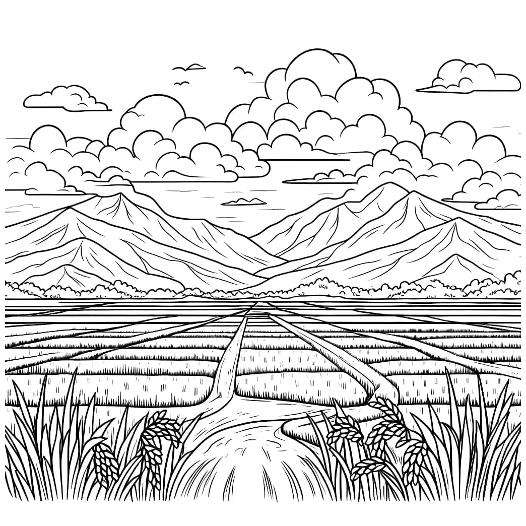 Gambar mewarnai Sawah dengan pegunungan dan awan siap cetak