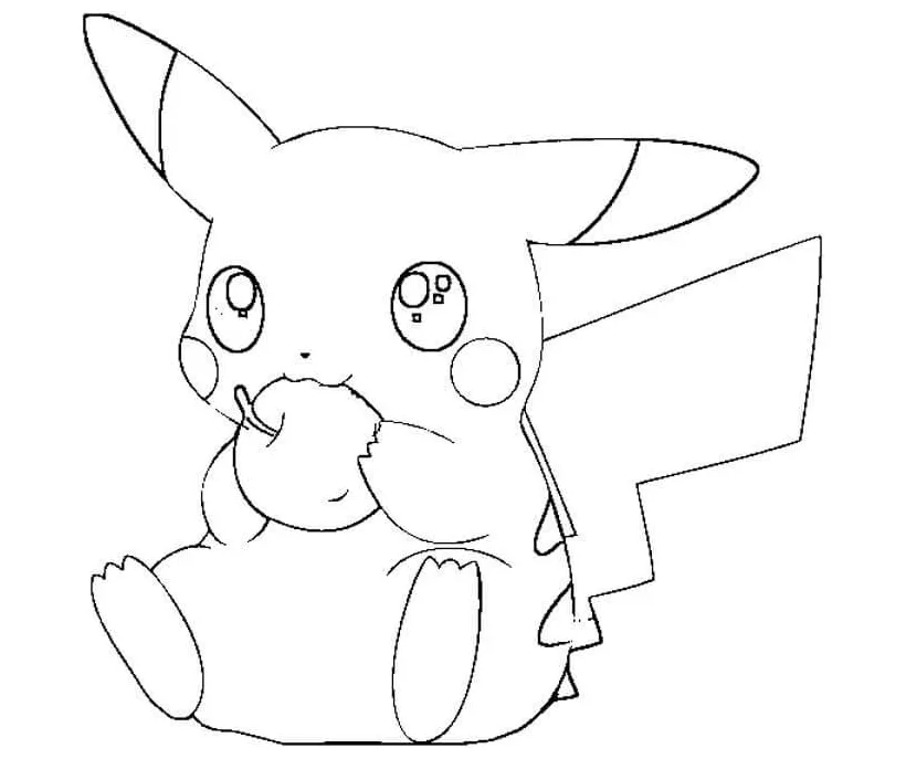 Pikachu Duduk dan Makan Apel