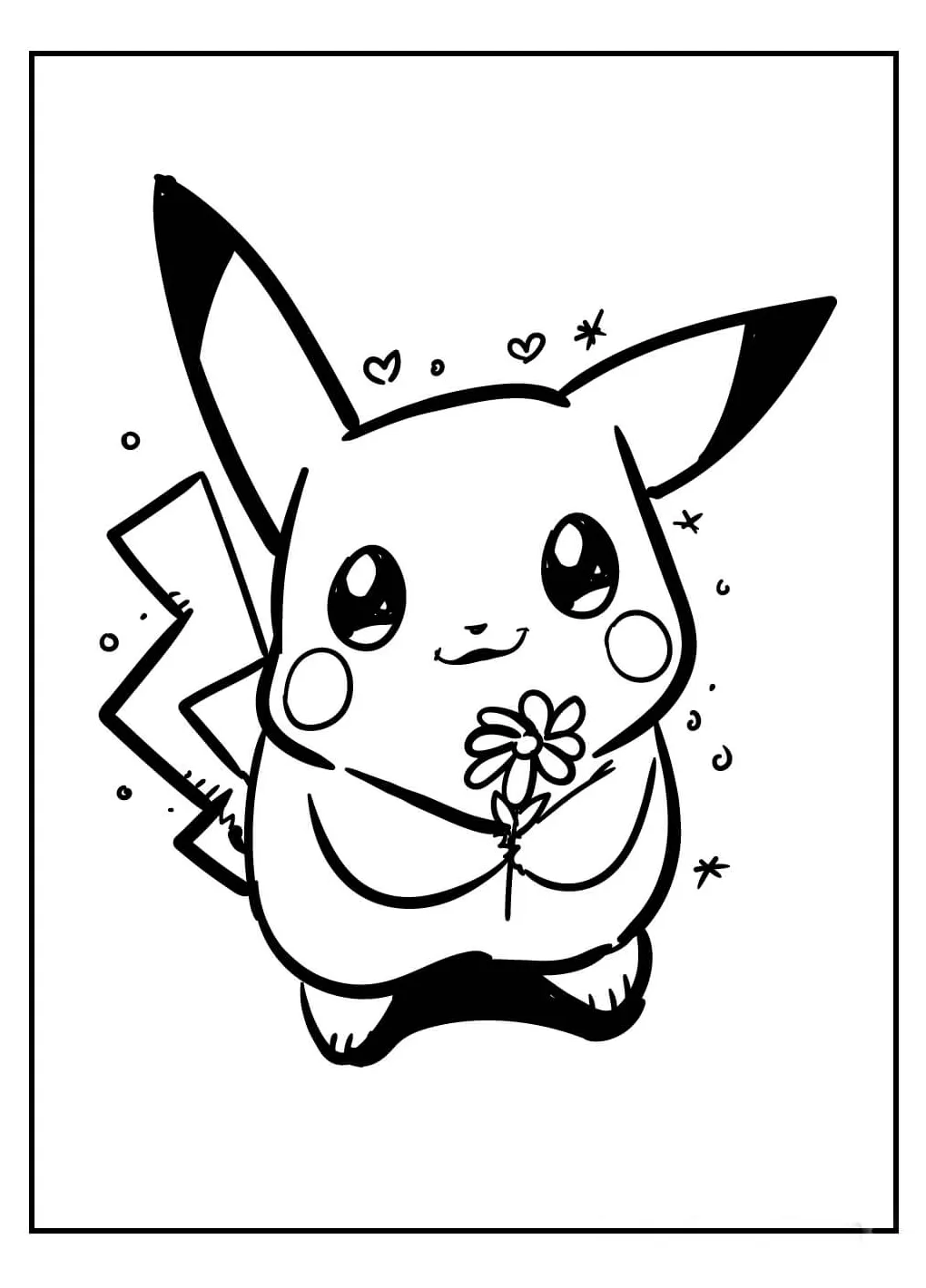 Gambar mewarnai Pikachu memegang bunga siap cetak