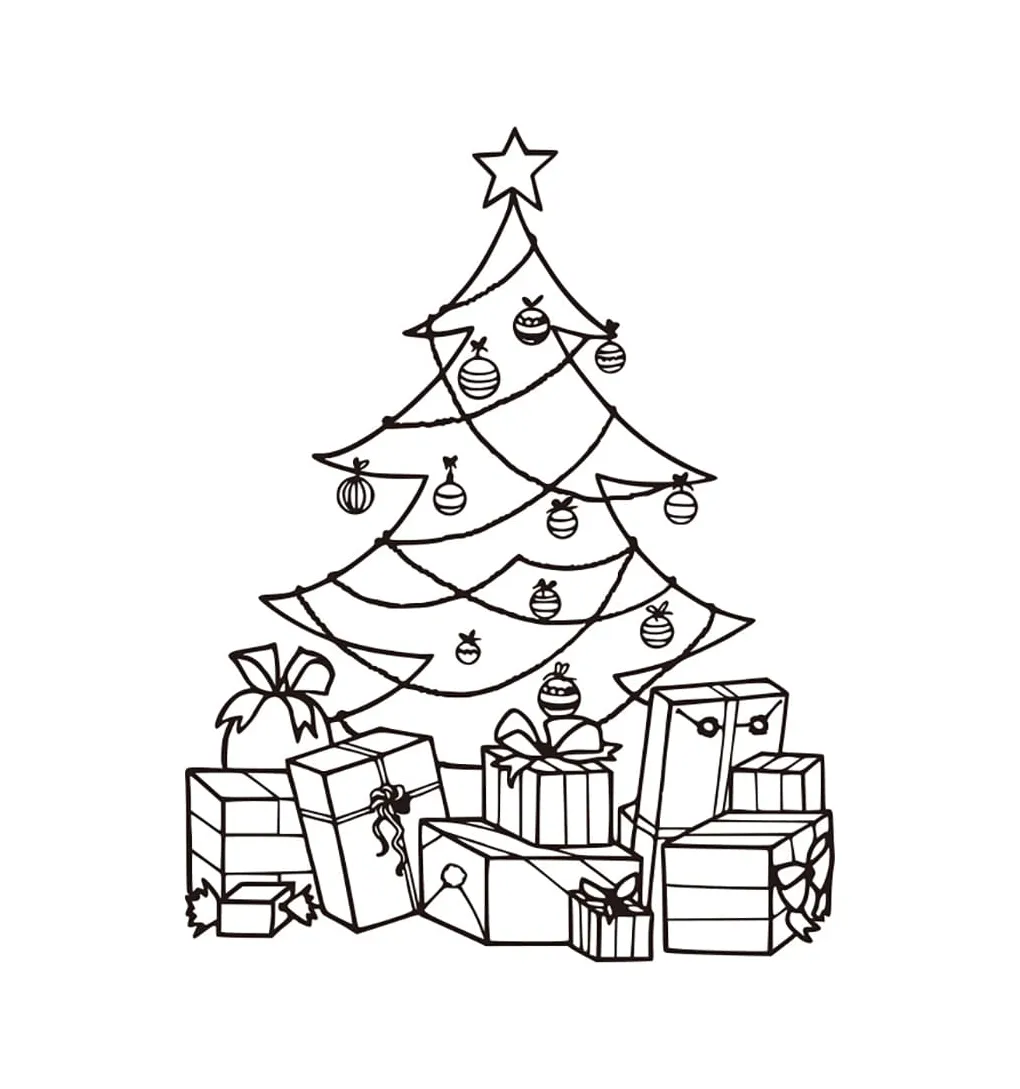 Pohon natal dengan hadiah dan bohlam
