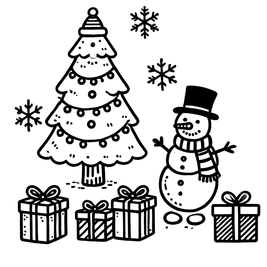 Manusia salju pohon natal dan hadiah