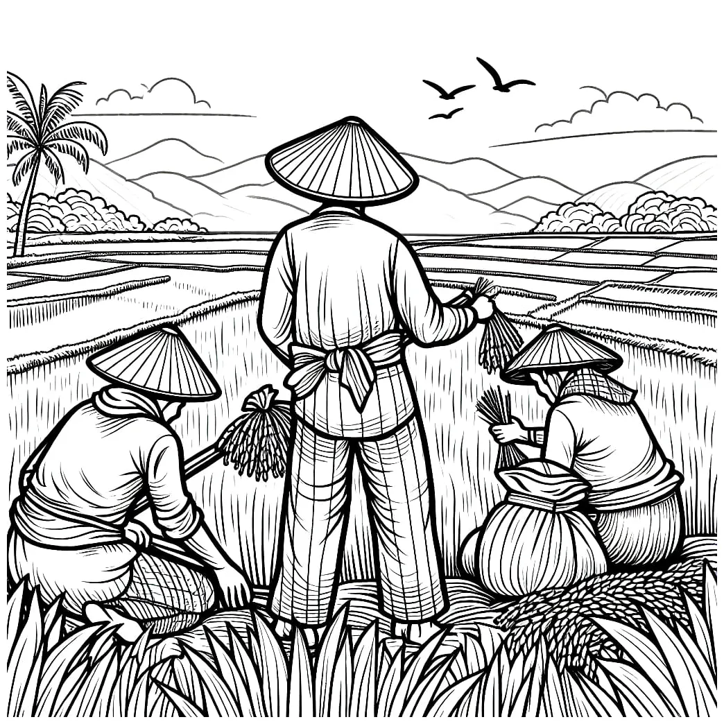 Gambar mewarnai Petani di sawah siap cetak