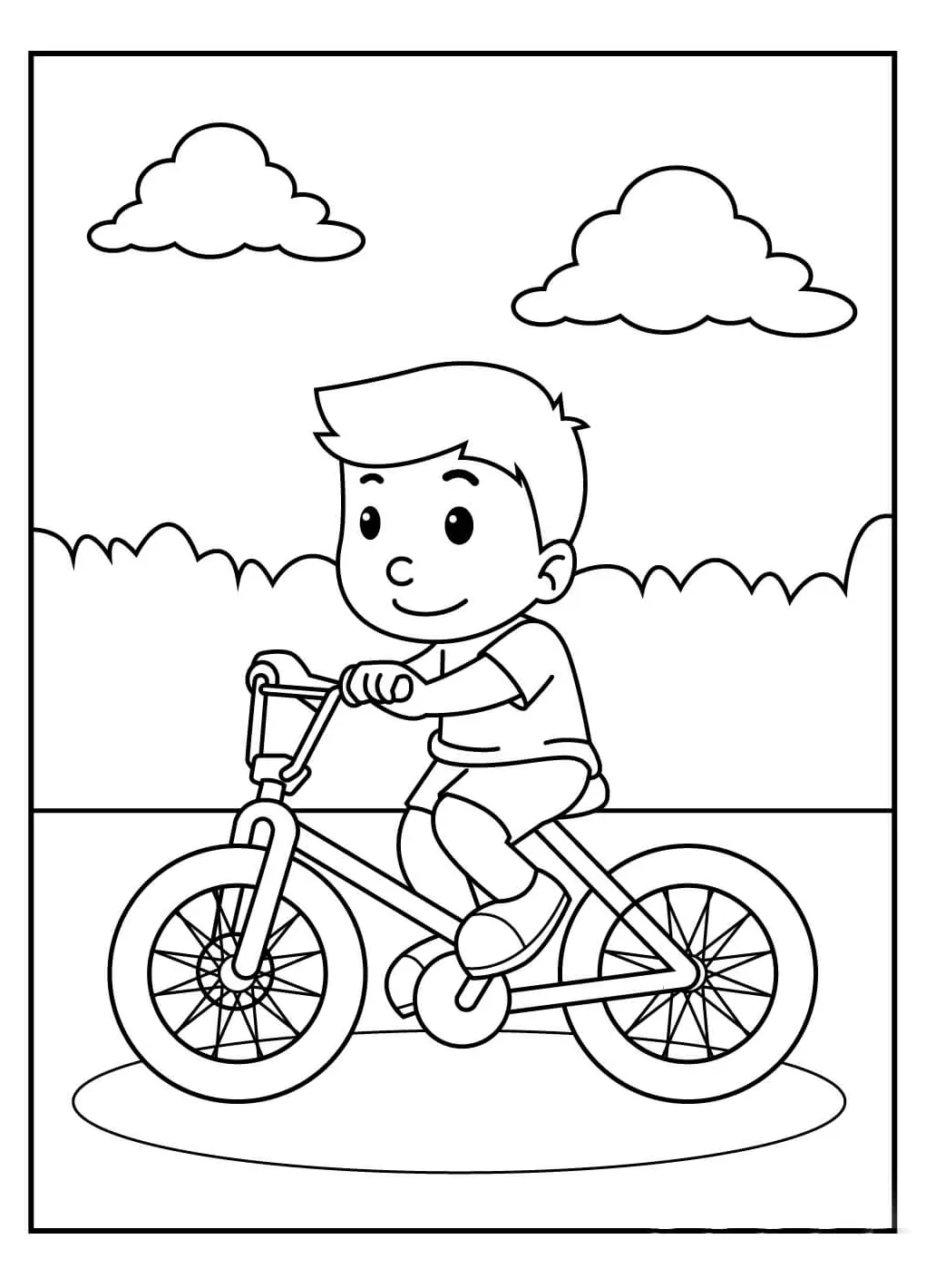 Anak laki-laki tersenyum mengendarai sepeda