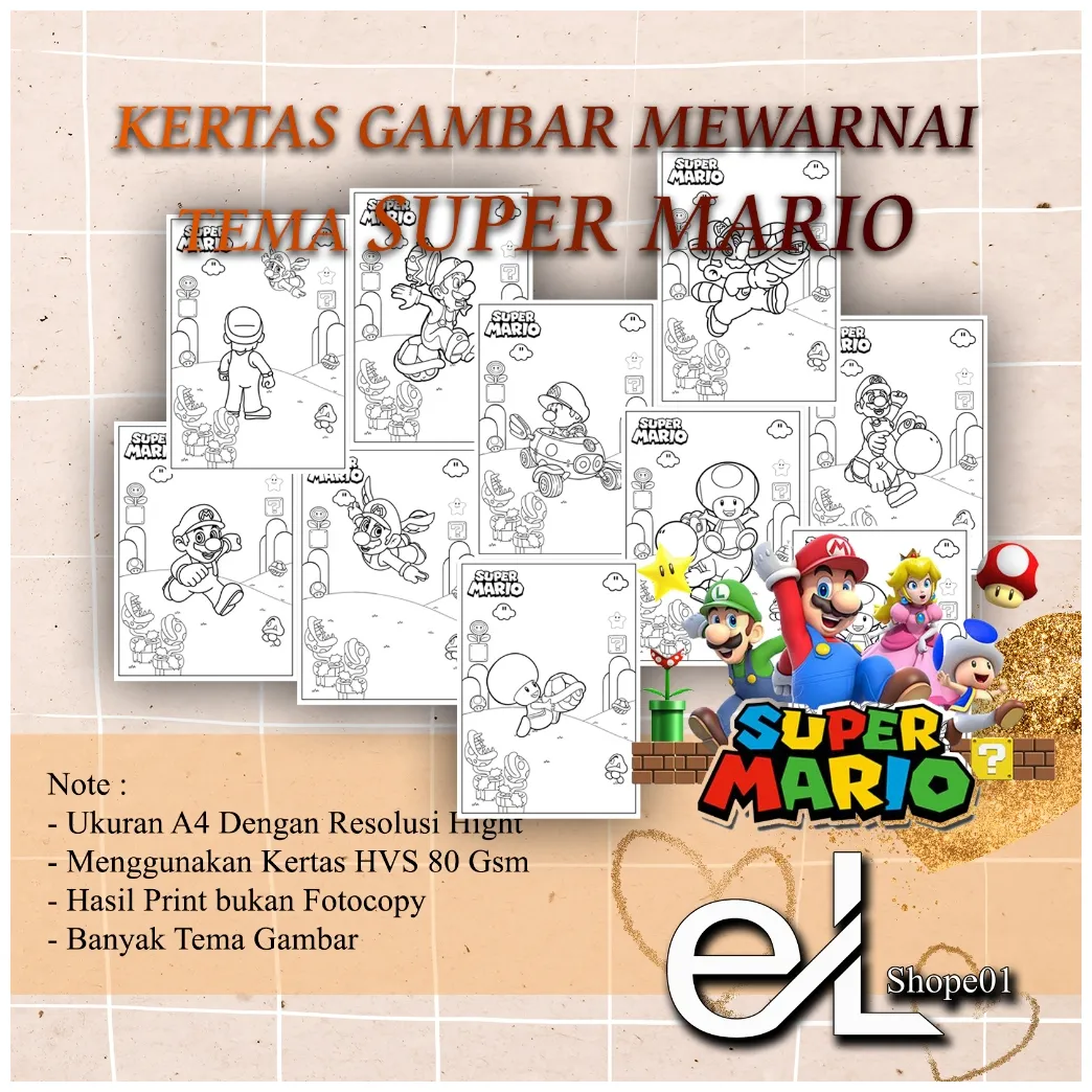 Jual 15 50 lembar gambar mewarnai tema super mario shopee indonesia