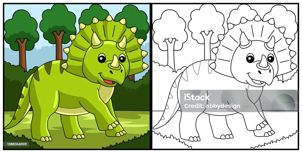 Ilustrasi halaman mewarnai dinosaurus triceratops ilustrasi stok
