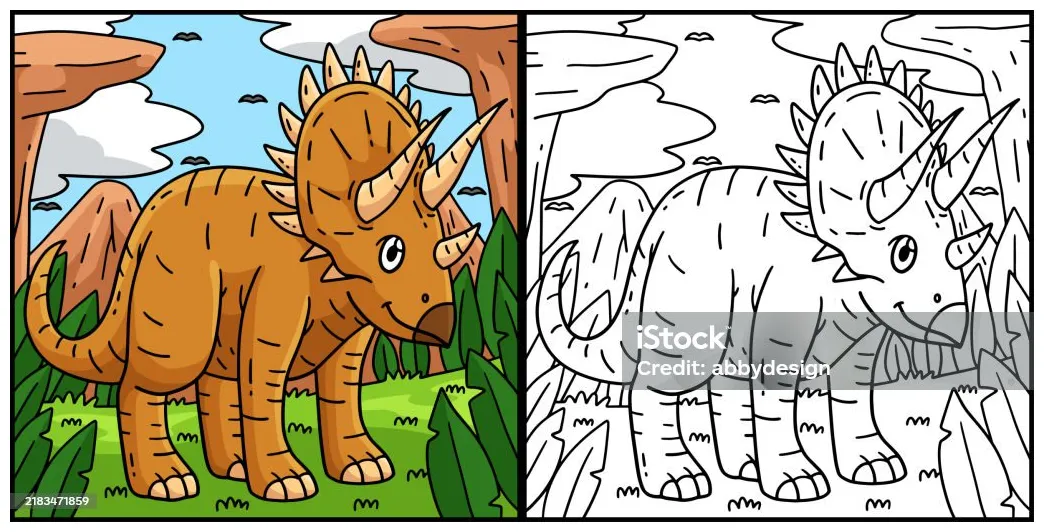 Ilustrasi halaman mewarnai dinosaurus triceratops ilustrasi stok