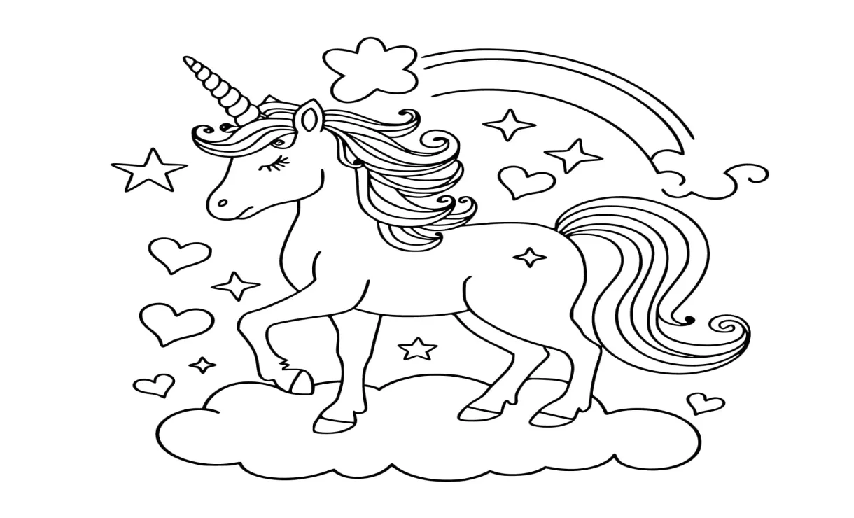 Unicorn lucu dengan pelangi